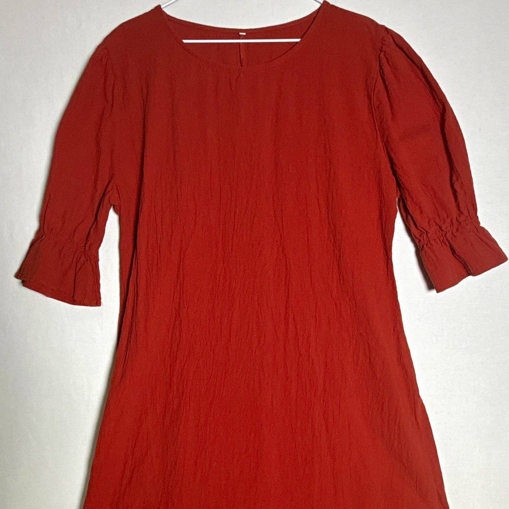 Vintage Rust Orange Shift Dress 3/4 Sleeve Ruffle Hem XL Terracotta Cottagecore